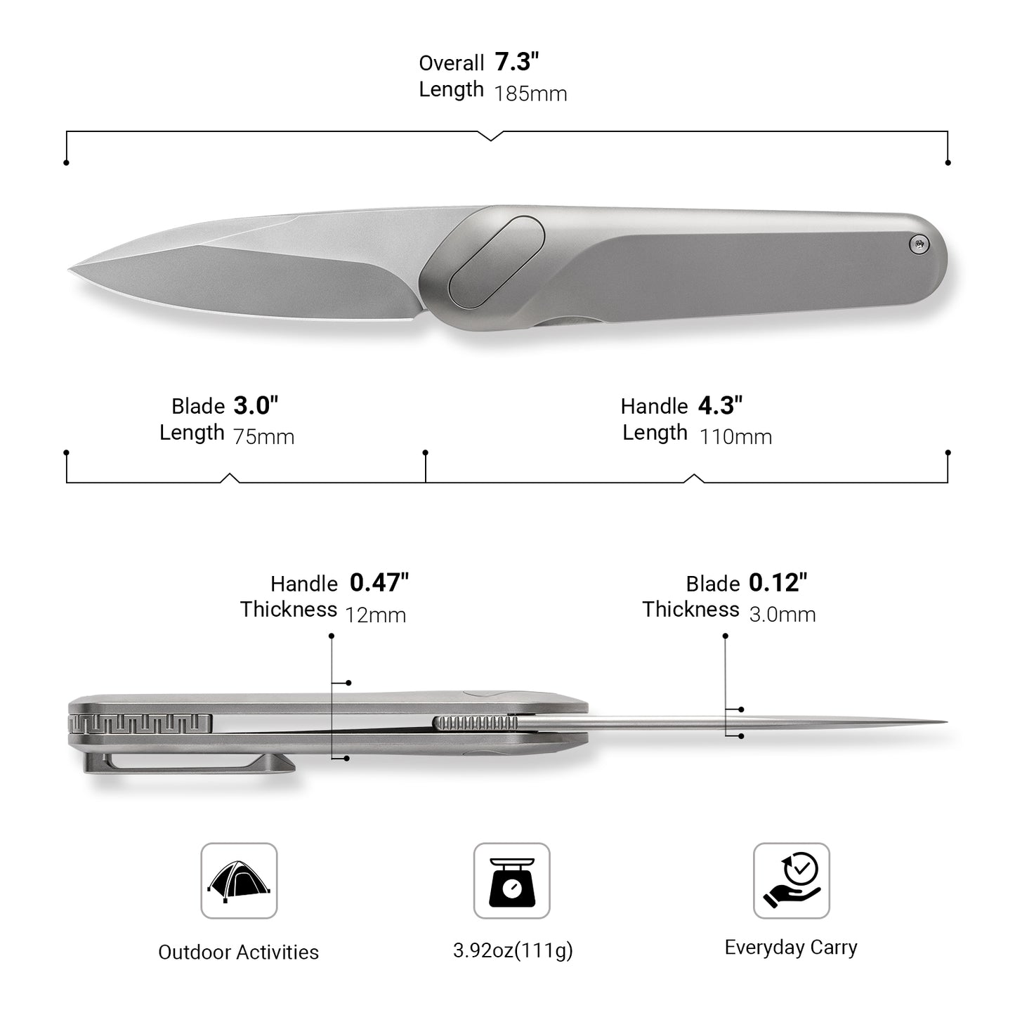 KniClad Pocket Knife with 3.0" M390 Steel Blade and Titanium Alloy Handle Liner Lock, Silver Gray-CNJRVCT-15CL