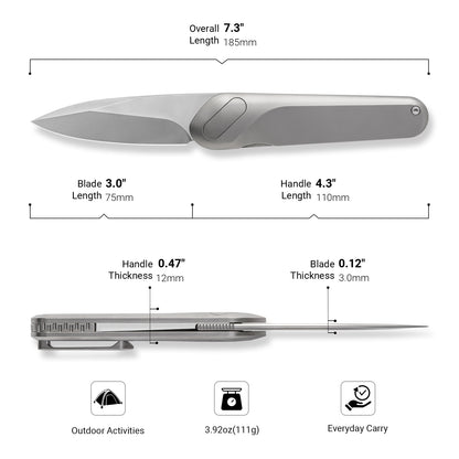 KniClad Pocket Knife with 3.0" M390 Steel Blade and Titanium Alloy Handle Liner Lock, Silver Gray-CNJRVCT-15CL