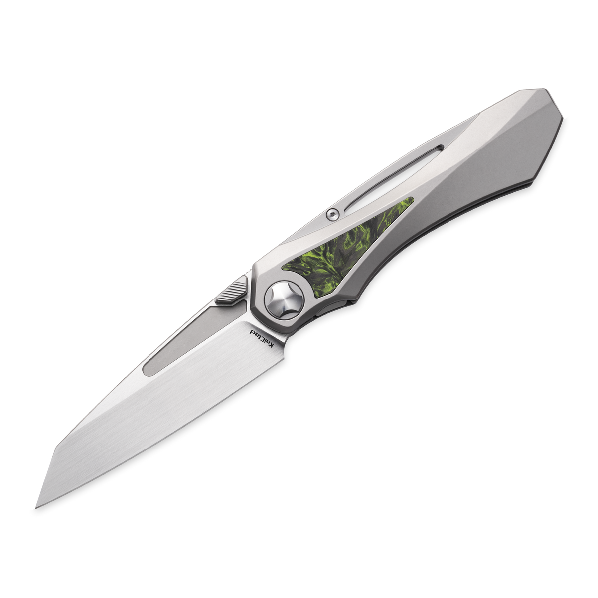 KniClad Prism Pact Silver Titanium & Green Carbon Fiber Handle Thumb Stud Liner Lock Folding Knife (3.43" Brushed S35VN Blade) K012-1